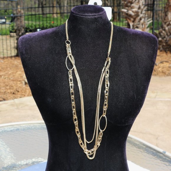 Long Sexy Multi Strand Layered Goldtone Chain Necklace Bohemian Style NWT - Picture 1 of 5
